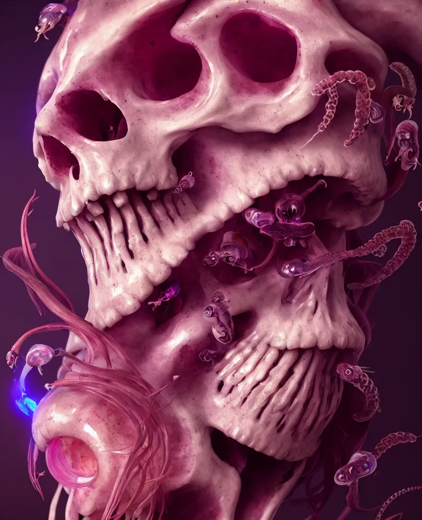 Image similar to goddess close - up portrait human skull, ram skull, squid phoenix jellyfish, orchid, betta fish, bioluminiscent, intricate artwork by tooth wu and wlop and beeple. octane render, trending on artstation, greg rutkowski very coherent symmetrical artwork. cinematic, hyper realism, high detail, octane render, 8 k