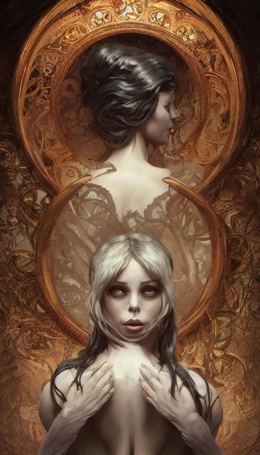 Image similar to dark twisted fairytale, masterpiece, fibonacci, sweat drops, insane, horror, intricate, highly detailed, digital painting, artstation, concept art, smooth, sharp focus, illustration, Unreal Engine 5, 8K, art by artgerm and greg rutkowski and alphonse mucha