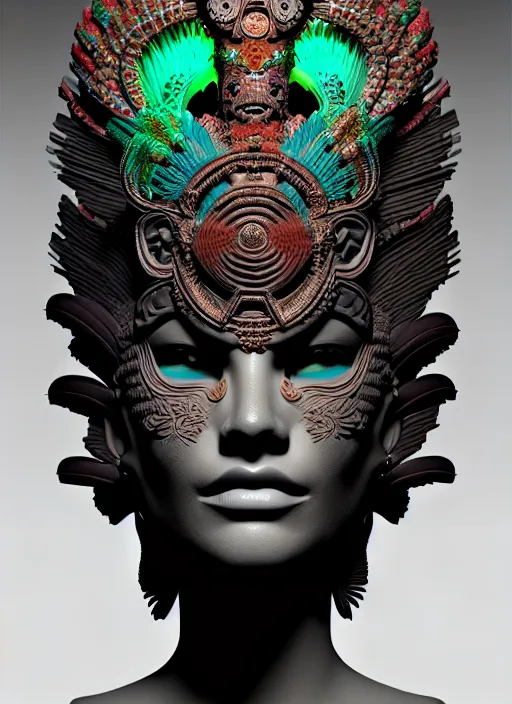 Image similar to 3 d mexican goddess profile portrait. beautiful intricate highly detailed quetzalcoatl mask and feathers. low - key lighting, bioluminescent, plasma, lava, ice, water, wind, creature, artwork by tooth wu and wlop and beeple and lee jeffries, 8 k trending on artstation,