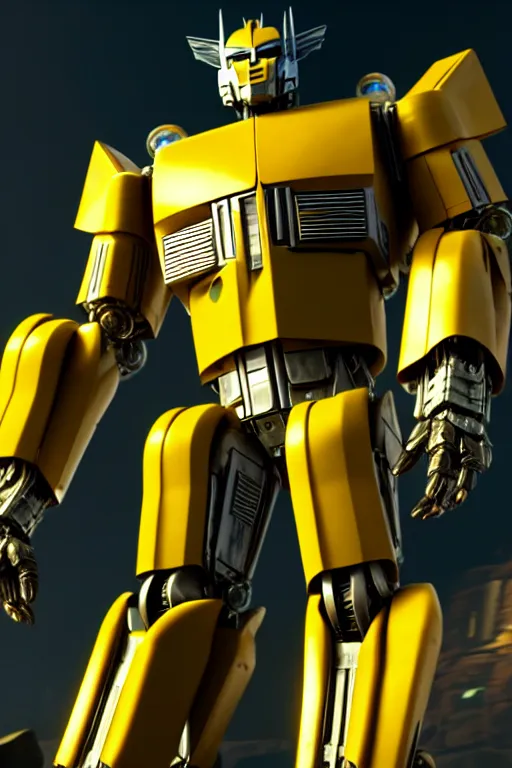 Image similar to a cinematic still from transformers movie series, yellow mech, humanoid servo, octane render, nvidia raytracing demo, masterpiece, aged armor plating, aggressive head,