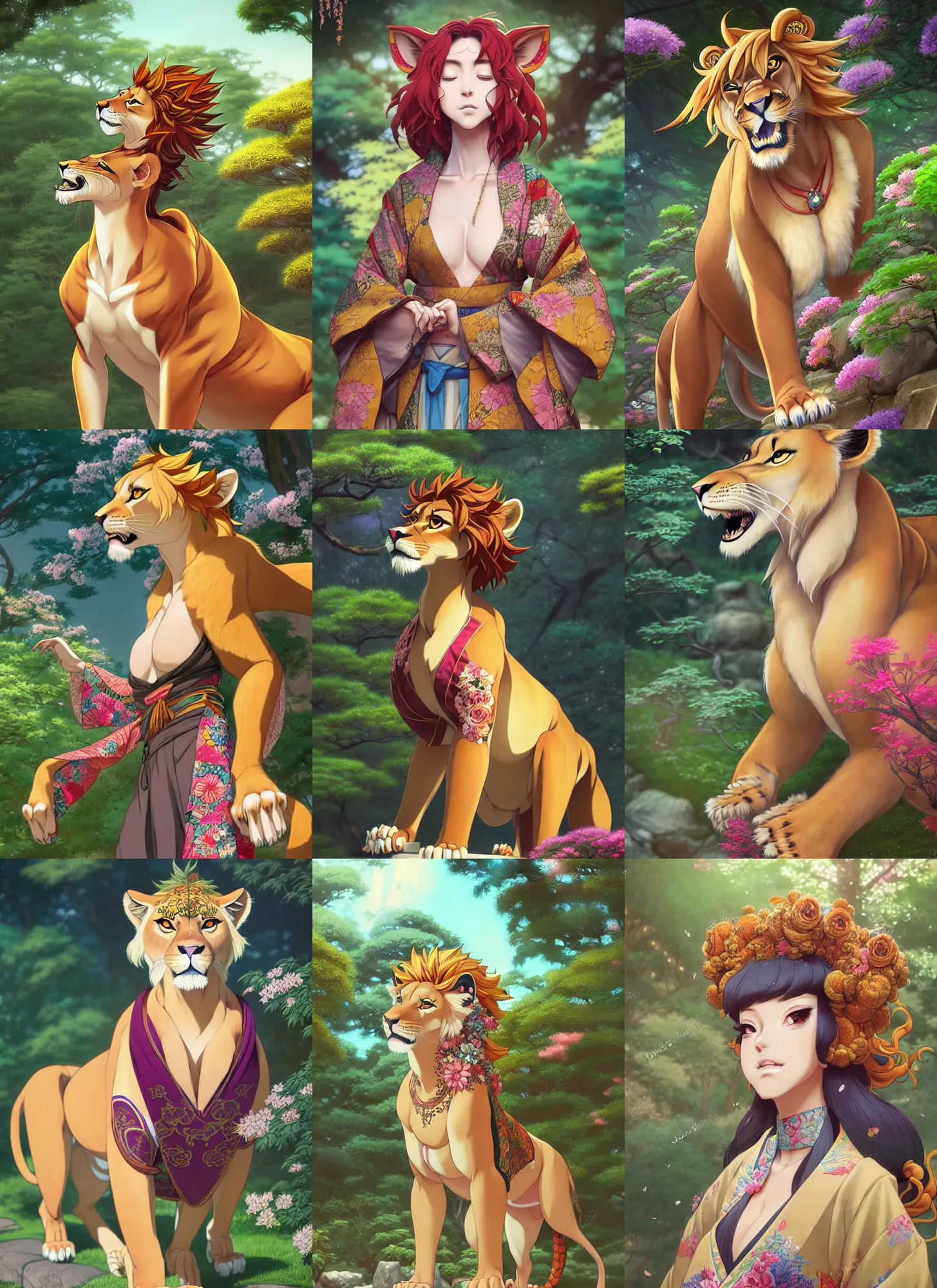 Prompt: beautiful low angle full body portrait of a female anthropomorphic lioness fursona wearing a ornate kimono in a japanese garden. character design by disney, anime, manga, charlie bowater, ross tran, artgerm, and makoto shinkai, detailed, soft lighting, rendered in octane