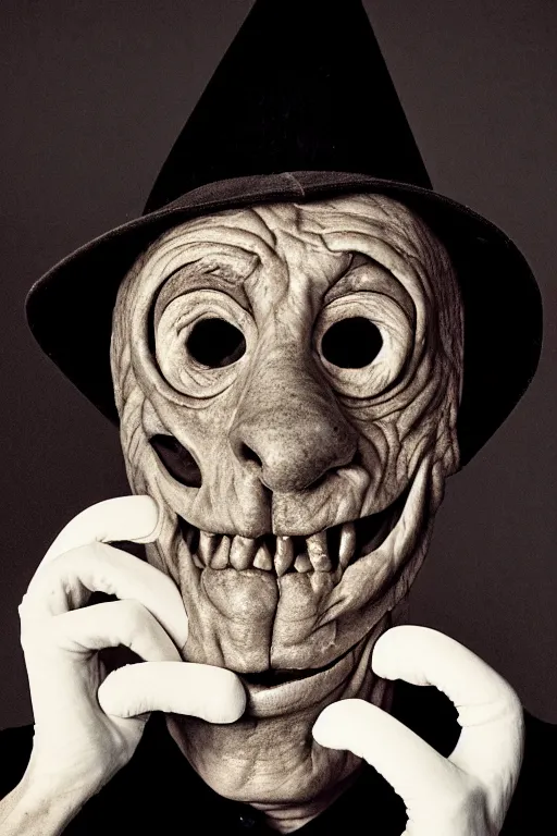 Prompt: portrait photo of an old wrinkled man, skinny face, bony face, long crooked nose, large gaping mouth, black pulcinella mask, masquerade mask, pointy conical hat, white wrinkled shirt, holding pizza, presenting pizza, close - up, skin blemishes, menacing, intimidating, masterpiece by herb ritts