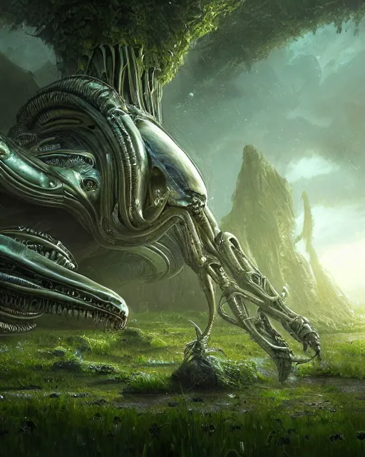 Image similar to xenomorph taxi car in a fantasy village, calming, uplifting mood, ultra realistic, farm, small buildings, alien car, highly detailed, atmosphere, masterpiece, epic lighting, elves, green plants, magic, illuminated, 4 k, cinematic, morning sun, art by eddie mendoza, sylvain sarrailh