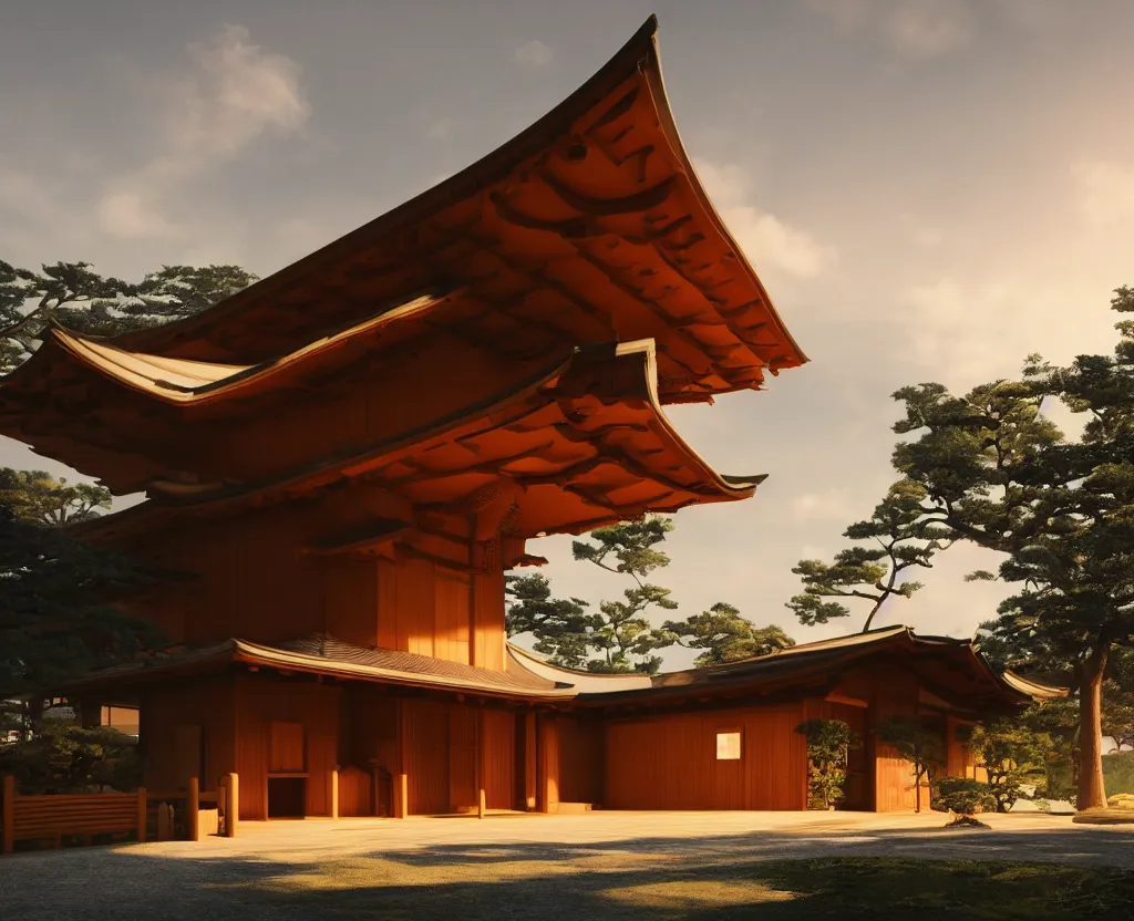 Prompt: photo of the exterior of a futuristic japanese house with traditional japanese garden, dramatic lighting, smoke, ceiling fluorescent lighting, black and orange colour palette, wide shot, octane render