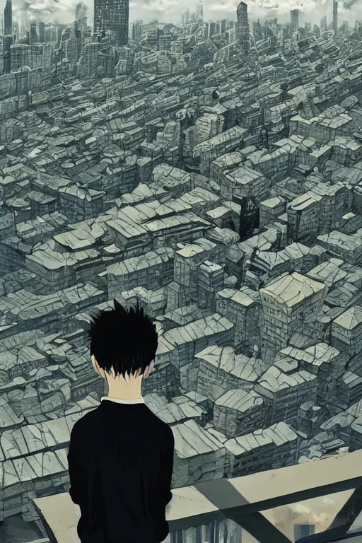 Prompt: Sad gopnik boy in black adidas sportswear squating фand looking atop of a urban plateau filled with soviet residential buildings, summer, dreamy, beautiful clouds, birds in the sky, ultra detailed, beautiful lighting, wallpaper, cityscape, beautiful artwork by Makoto Shinkai