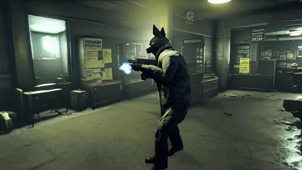 Image similar to Screenshot from the PC game Payday 2 demonstrating the fursuit unlock- Hoxton? More like Foxton.