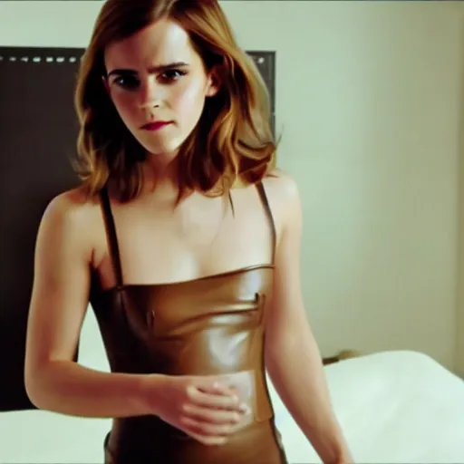 Image similar to fully clothed, amazing beautiful emma watson in leather body suit and high heels in bedroom, film still from the movie directed by denis villeneuve, wide lens