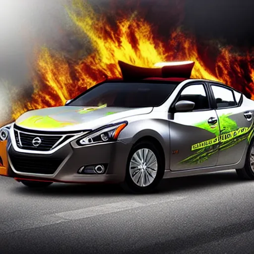 Prompt: flaming nissan altima