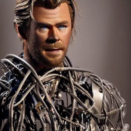 Image similar to animatronic Chris Hemsworth, exposed wires, photo, Stan Winston studios, detailed, 4k