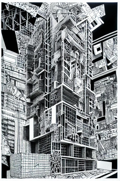 Image similar to a black and white drawing of a building, a detailed mixed media collage by hiroki tsukuda and eduardo paolozzi, intricate linework, sketchbook drawing, street art, polycount, deconstructivism, matte drawing, academic art, constructivism