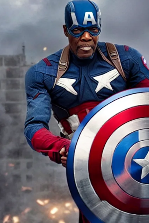 Image similar to film still of Samuel L Jackson as Captain America in new Avengers film