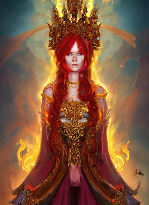 Prompt: a highly detailed character portrait of a beautiful female pyromancer radiating a majestic fiery aura, ornate royal robes, intricate, digital painting, artstation, concept art, smooth, sharp focus, illustration, deep vibrant colors, hyperrealistic, photorealistic