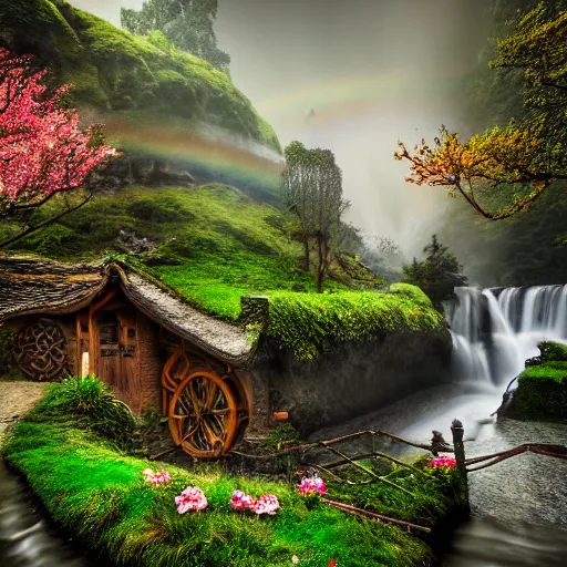 Prompt: spring festival at medieval hobbit village, ornate, beautiful, atmosphere, vibe, mist, smoke, fire, chimney, rain, wet, pristine, puddles, waterfall, melting, dripping, snow, creek, moss, ice, bridge, rainbow, cobble, jungle, roses, flowers, color page, 4 k, contest winner