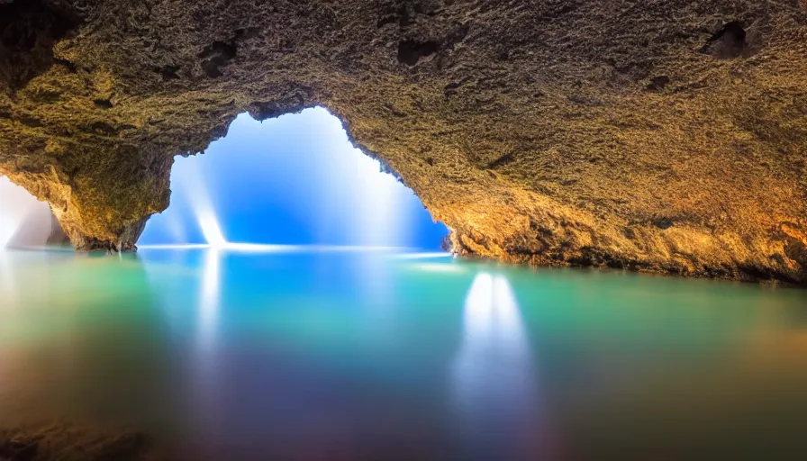 Image similar to Blue cave during the night, blue water, reflections ,god rays, incredible lighting, 4k photography award winning,