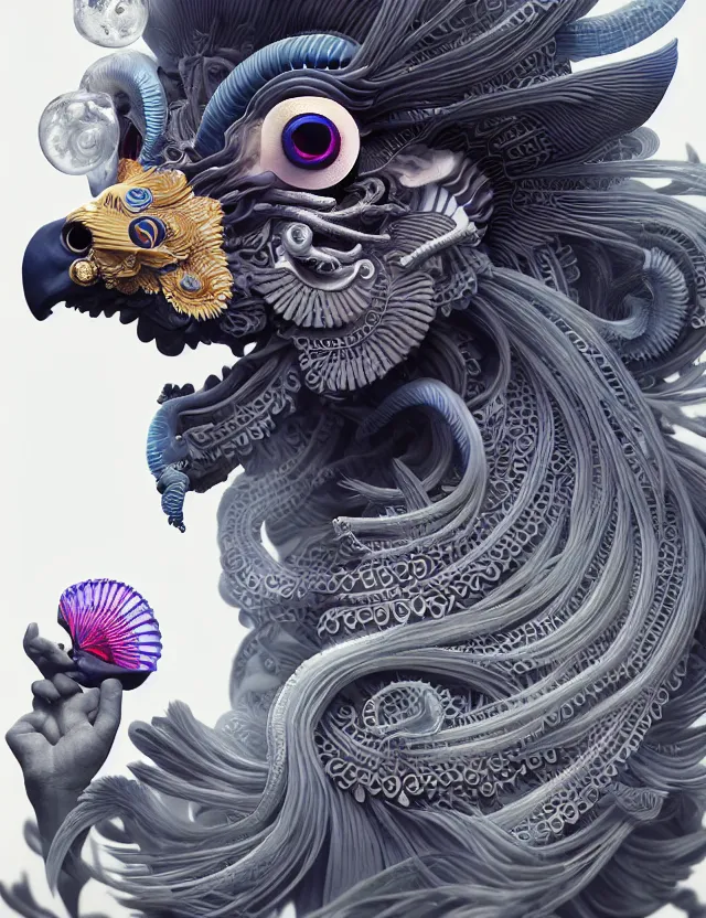 Image similar to 3 d goddess close - up frontal portrait with ram skull. beautiful intricately detailed japanese crow kitsune mask and clasical japanese kimono. betta fish, jellyfish phoenix, bio luminescent, plasma, ice, water, wind, creature, artwork by tooth wu and wlop and beeple and greg rutkowski