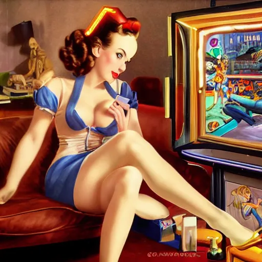 Image similar to a photograph of a pin up girl playing videogames, by Alberto Vargas, highly detailed and intricate, cinematic lighting 4k