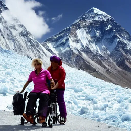 Image similar to blonde lady pushing obese indian woman in a wheelchair up mount everest