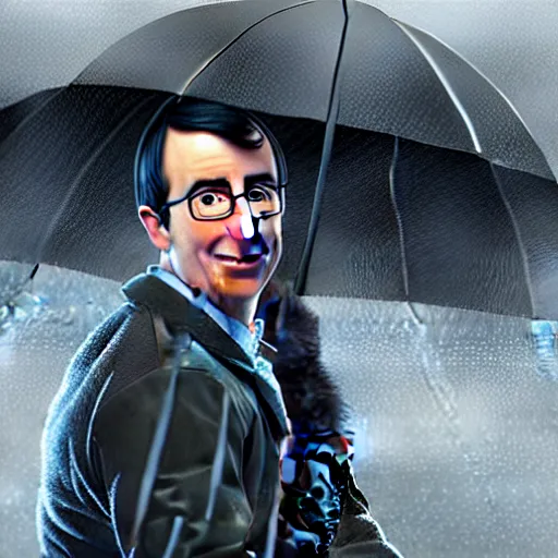 Image similar to John oliver in the rain, realistic detailed face, artstation, concept art, sharp focus, matte painting, hyper detailed, hyper realistic, art by Akira Toriyama