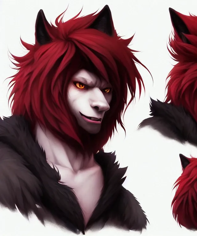 Image similar to character concept art of a black anthropomorphic male furry wolf long red hair | | cute - fine - face, pretty face, key visual, realistic shaded perfect face, fine details by stanley artgerm lau, wlop, rossdraws, james jean, andrei riabovitchev, marc simonetti, and sakimichan, trending on artstation