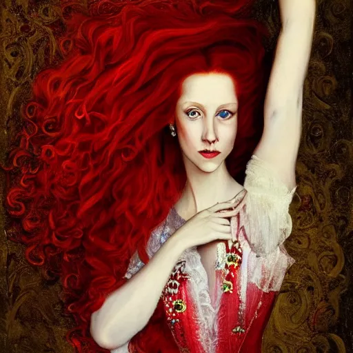 Prompt: portrait of a beautiful young long dress woman _ red _ haired duchess, woman, by cheval michael