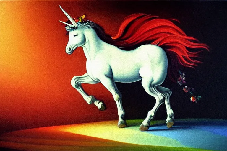 Image similar to detailed traditional painting of a unicorn walking on a rainbow, ((rainbow)) by Caravaggio, authentic, masterpiece, brush strokes, trending on artstation