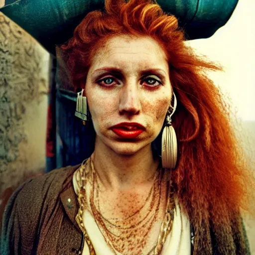 Image similar to Extremely detailed photo realistic matte portrait painting of winking Century Barbary Coast pirate Woman with Ginger hair and Golden hooped earrings photography by Annie Leibovitz, and Steve McCurry