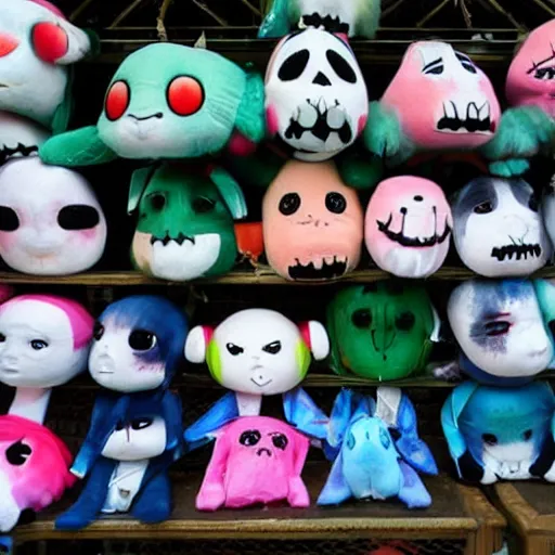 Image similar to haunting plushies being sold at an amusement park, devilish, nightmare - fuel, scary, cursed, evil