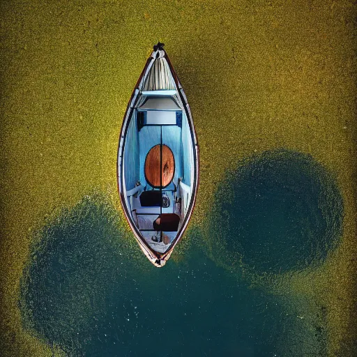 Image similar to photo of a rowboat from above in the style of Alison Shaw