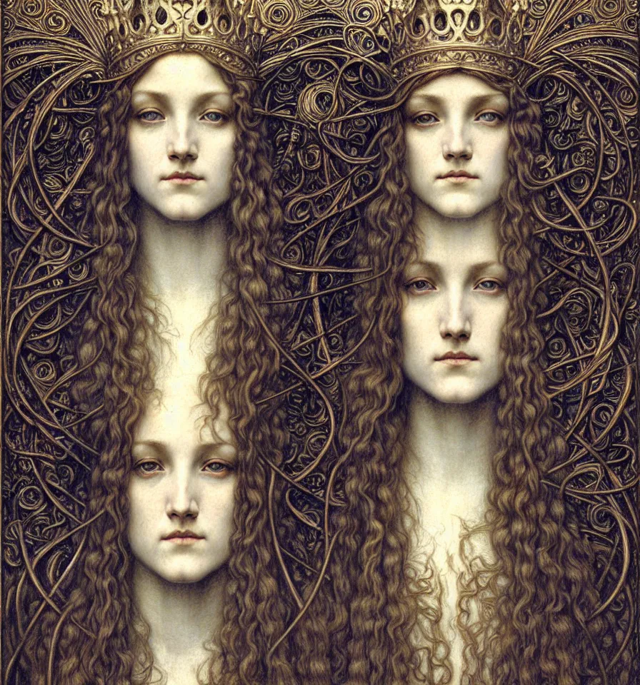 Image similar to detailed realistic beautiful young medieval queen face portrait by jean delville, gustave dore and marco mazzoni, art nouveau, symbolist, visionary, gothic, pre - raphaelite. horizontal symmetry