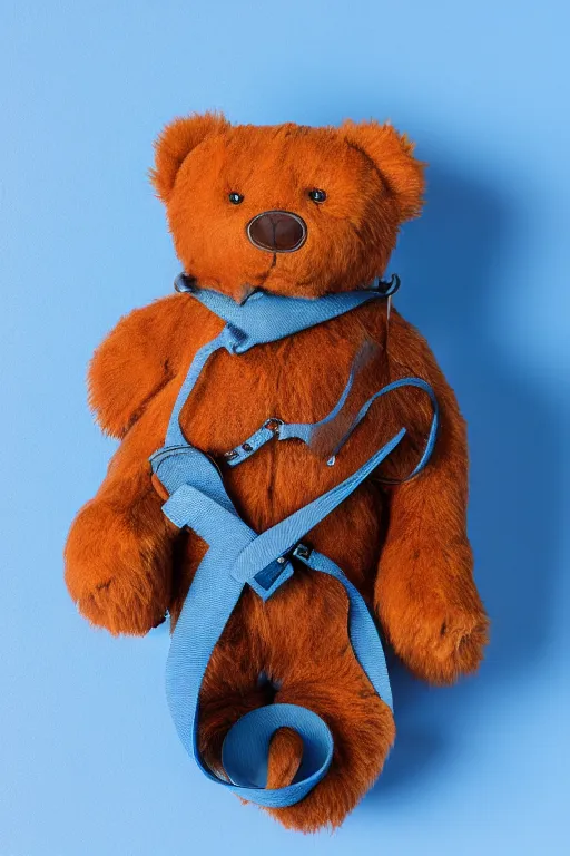 Prompt: vintage analog product photography of a polished leather teddybear, 70s design, many zippers, studio lighting, azure background color, film grain, lensflare, color bleed, glare