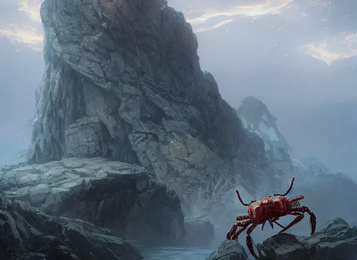 Image similar to a giant dull colored crustacean lobster crab monster with huge claws in a rocky chasm. dreamy fantasy art by greg rutkowski
