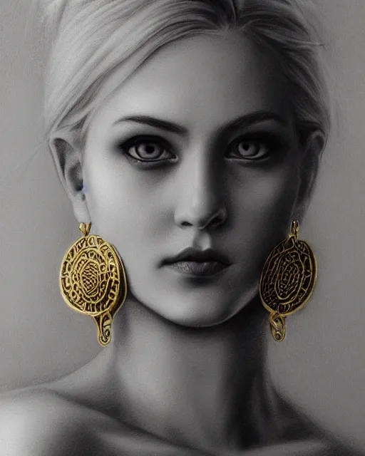 Prompt: pencil drawing of a beautiful greek goddess wearing round golden earrings, beautiful piercing eyes with a seductive look, beautiful blonde hair, hyper realistic face, in the style of greg rutkowski, fantasy, amazing detail, epic, elegant, smooth, sharp focus, from the front