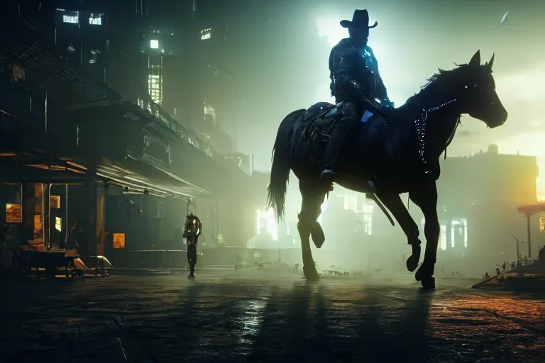 Image similar to on a beautiful cyberpunk florest theres a cyberpunk knight riding a cyberpunk horse, cinematic lightning, ray tracing, unreal engine 5, photorealistic, 8 k, uhd, 4 k, red dead redemption 2 game concept, extremely detailed, beautiful, elegant, intricate, foggy, in - game footage