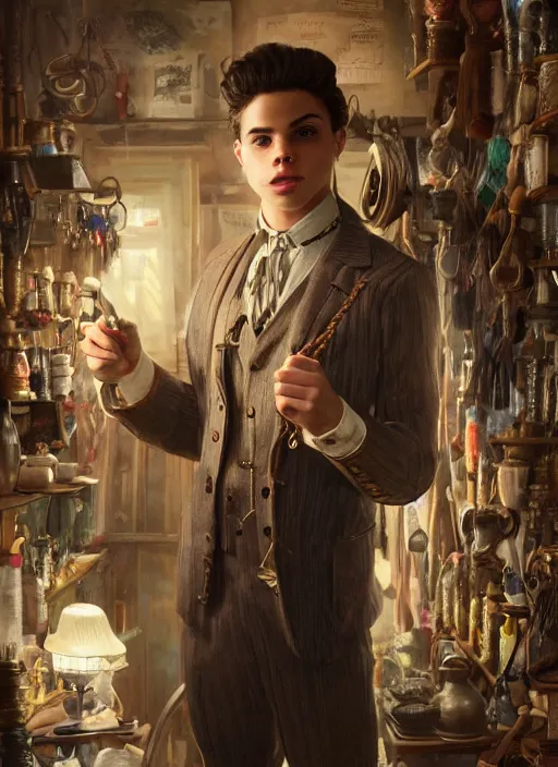 Prompt: jake t. austin as a haberdasher in a tailoring shop, intricate braided hair, small nose, muscular figure, soft lighting, highly detailed face, sharp focus, artstation, dnd, sophie anderson, arnold armitage, loish