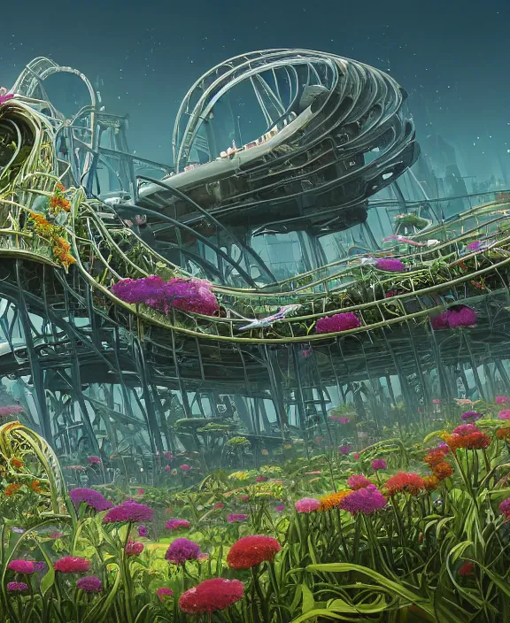 Image similar to simplicity, elegance, a roller coaster building made out of organic creatures, in the style of a streamlined asymmetrical spaceship, overgrown with flowers, bleak apocalyptic environment, by dan mumford, yusuke murata, makoto shinkai, ross tran, cinematic, unreal engine, cel shaded, featured on artstation, pixiv