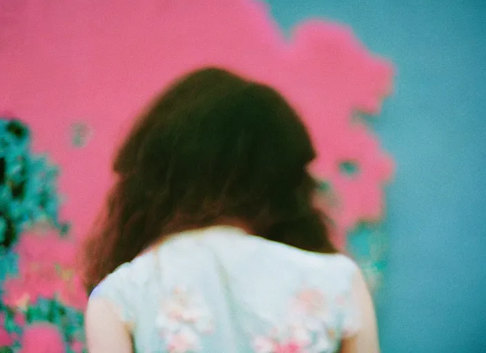 Image similar to color film photography, long shot of the back of a woman\'s head with interwoven flowers in center against a pink wall, daylight, 35mm