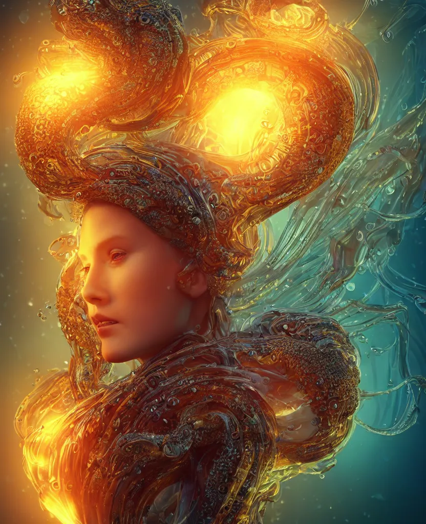 Image similar to close-up macro portrait of the face of a beautiful princess, epic angle and pose, symmetrical artwork, 3d with depth of field, blurred background, cybernetic jellyfish female face skull phoenix bird, translucent, nautilus, energy flows of water and fire. a highly detailed epic cinematic concept art CG render. made in Maya, Blender and Photoshop, octane render, excellent composition, cinematic dystopian brutalist atmosphere, dynamic dramatic cinematic lighting, aesthetic, very inspirational, arthouse. y Greg Rutkowski, Ilya Kuvshinov, WLOP, Stanley Artgerm Lau, Ruan Jia and Fenghua Zhong