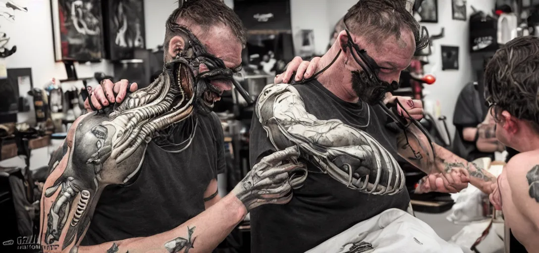 Image similar to Xenomorph XX121 getting a tattoo from Gary Woods in New Plymouth. james gurney, james jean, greg rutkowski, anato finnstark. hyper detailed, 50mm, cinematic indoor lighting volumetric