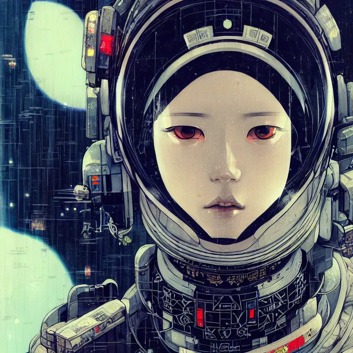 Image similar to a beautiful ukiyo painting of cyberpunk space pilot, wearing space techwear, detailed symmetrical close up portrait, intricate complexity, concept art, by takato yamamoto, wlop, artgem, krenz cushart. cinematic dramatic atmosphere, sharp focus, award winning