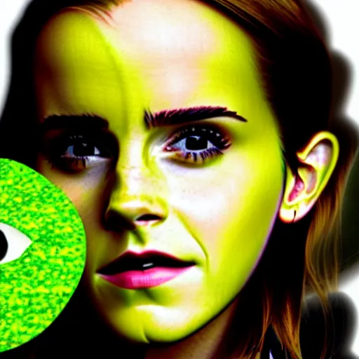 Image similar to photograph of emma watson with green avocado skin, anthropomorphic, photoshop