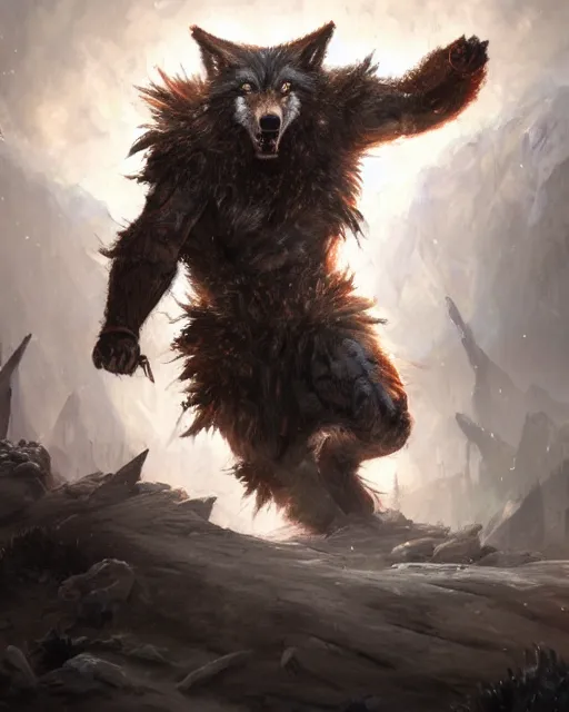 Image similar to oil painting of Angry Anthropomorphized Wolf Berserker, wearing fur armor, claws, sharp focus, attack pose, fantasy style, octane render, volumetric lighting, 8k high definition, by greg rutkowski, highly detailed, trending on art Station, magic the gathering artwork, burning Battlefield background, centered