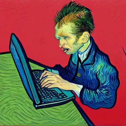 Prompt: a boy desperately typing on a laptop keyboard, frustrated, visibly angry, in the style of Van Gogh