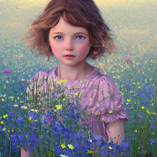 Image similar to a painting of a little girl with short wavy curly light brown hair and blue eyes, sitting in a field of flowers. beautiful detailed face line art by ilya kuvshinov and raymond swanland