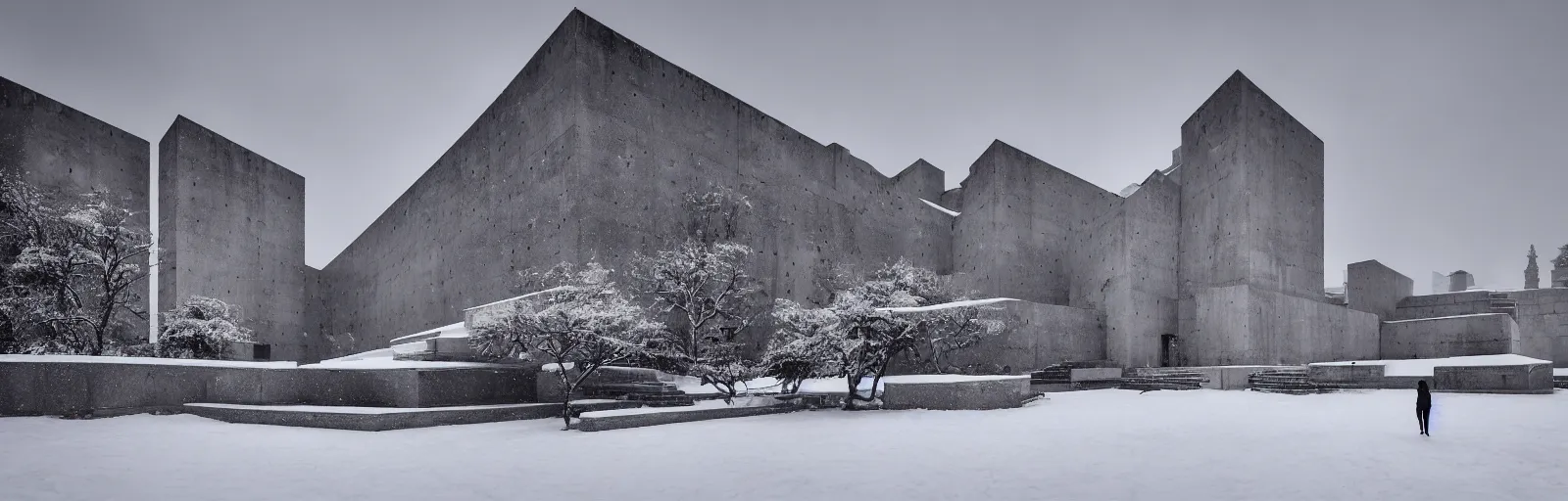 Image similar to snow falling on brutalist monastery, the monastery is on top of a black snowy mountain, the concrete monastery has walkways, skybridges, stairways, white marble statues on pedestals in the background, depth of field, sharp focus, clear focus, beautiful, award winning architecture, hopeful, quiet, calm, serene