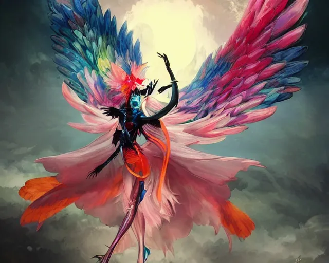 Prompt: colorful and vibrant masked Kawaii woman with wings fighting a large creature of the arcane dark, black abyssal spider, by Akihiko Yoshida and Peter Mohrbacher, anime artwork in artstation