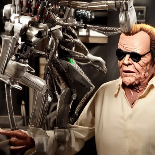 Prompt: animatronic Jack Nicholson, exposed mechanics, photo, Stan Winston studios, detailed, 4k