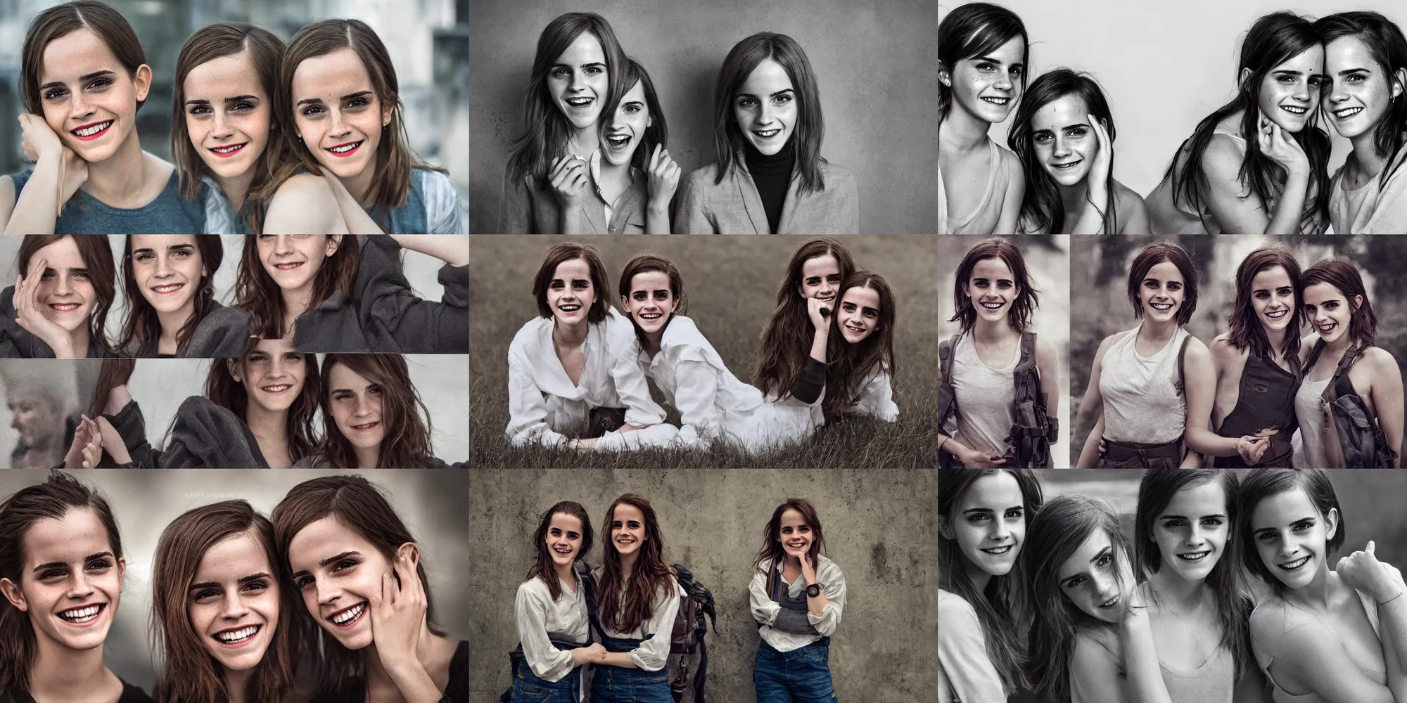 Prompt: emma watson identical twins perfect smile grinning greg rutkowski!!! greg rutkowski!!! canon eos david bailey david bailey canon eos r 3 fujifilm x - t 3 0 sony alpha a 6 6 0 0 nikon d 5 0 0 cinematic filmic photorealistic hyperdetailed