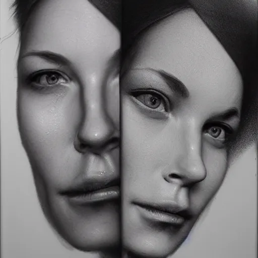 Prompt: a two people's face fusing together!!!!!!, photorealistic art style, charcoal drawing by richard mortensen, matte drawing, hyper realism, zbrush, mannerism