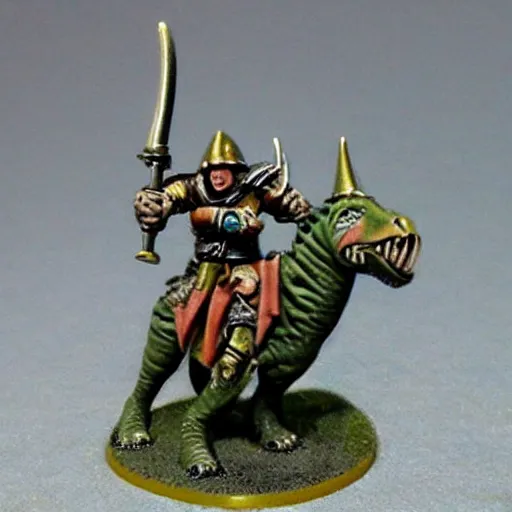 Image similar to Warhammer, D&D, high detail, miniature of medieval Medieval Irish warriors riding on dinosaurs, Perry 28mm, 28mm scale