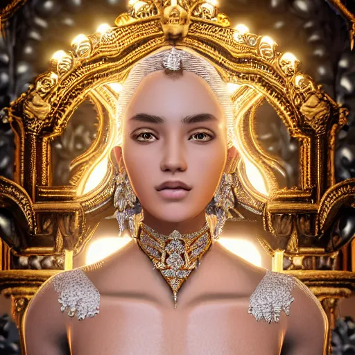 Image similar to portrait of pretty princess with perfect skin, glowing, ornate and intricate diamond jewelry, jaw dropping beauty, ornate and intricate backdrop, white accent lighting, hyper detailed, 4 k octane render